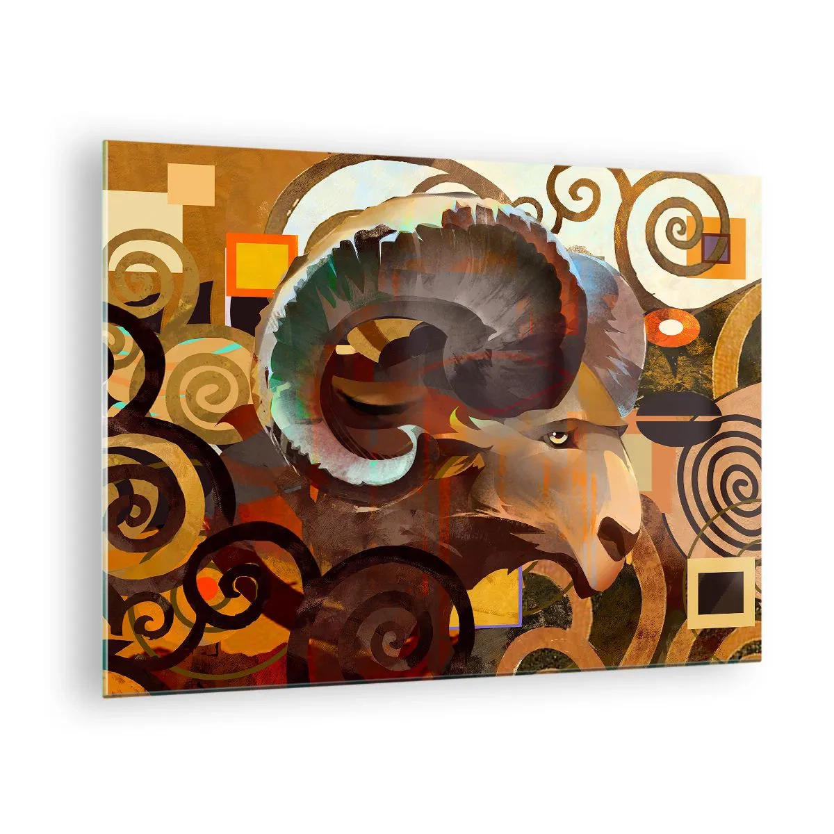 Quadro su vetro - Un'immagine artistica di un ariete in una composizione geometrica e a spirale. - 70x50cm - Magie - religioni - riti - Decorazione murale moderna per soggiorno e camera da letto ARTTOR