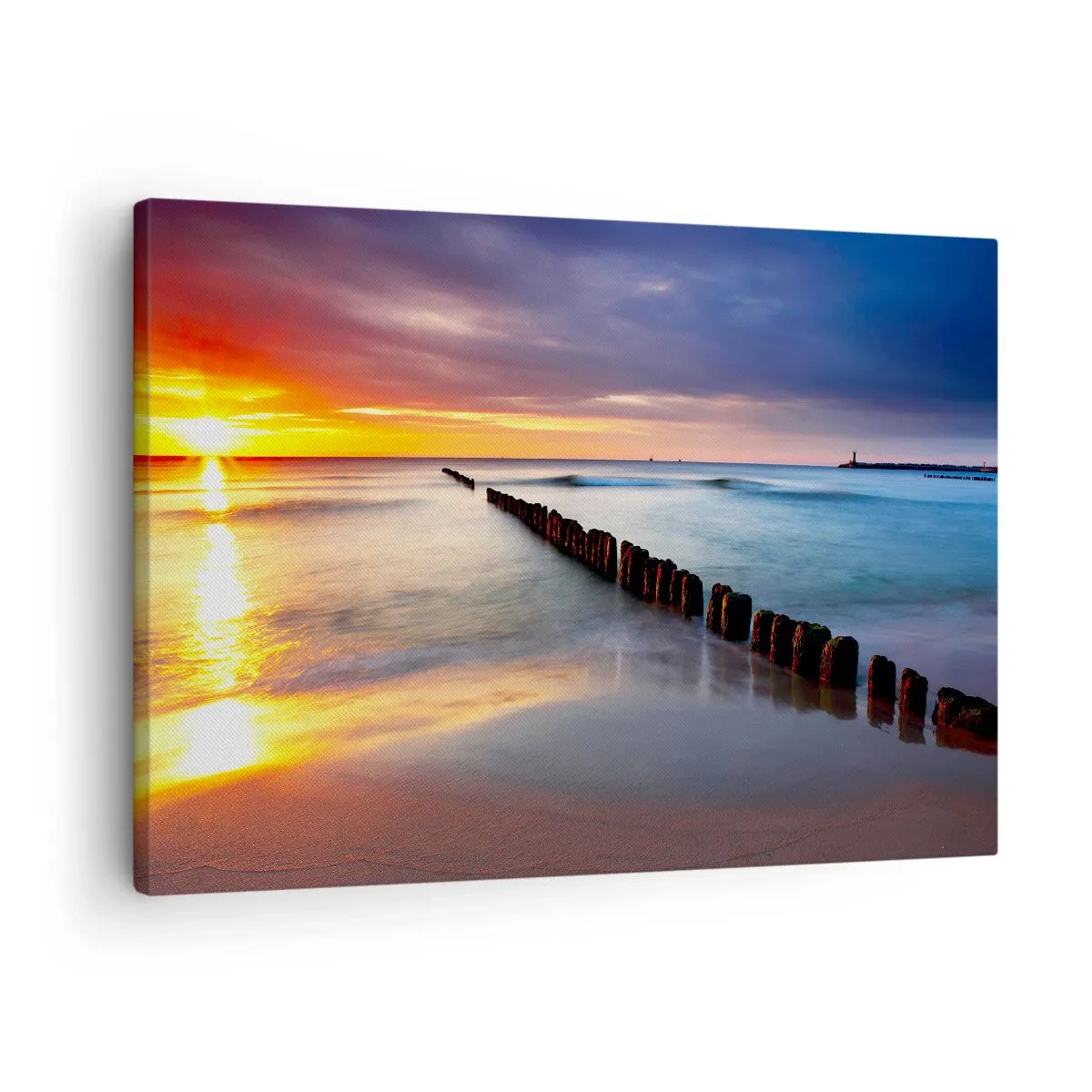 Quadro su tela - Stampe su Tela - Tramonto sul mare con un frangiflutti in primo piano - 70x50cm - Ascolta il silenzio - Decorazione murale moderna per soggiorno e camera da letto ARTTOR