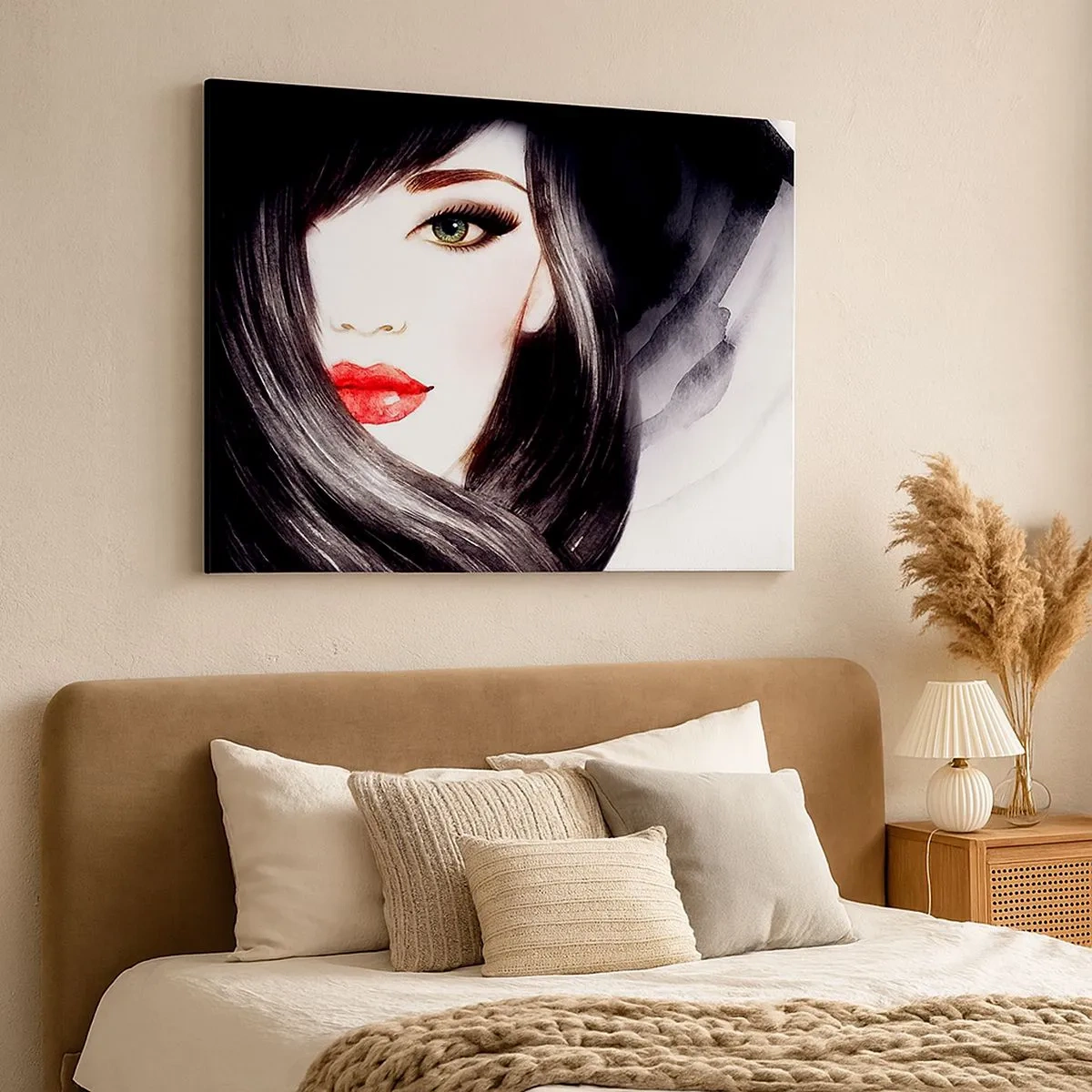 Quadro su tela - Stampe su Tela - Ritratto di una donna dallo sguardo espressivo e dalle labbra rosse - 70x50cm - Sguardo di zaffiro - Decorazione murale moderna per soggiorno e camera da letto ARTTOR