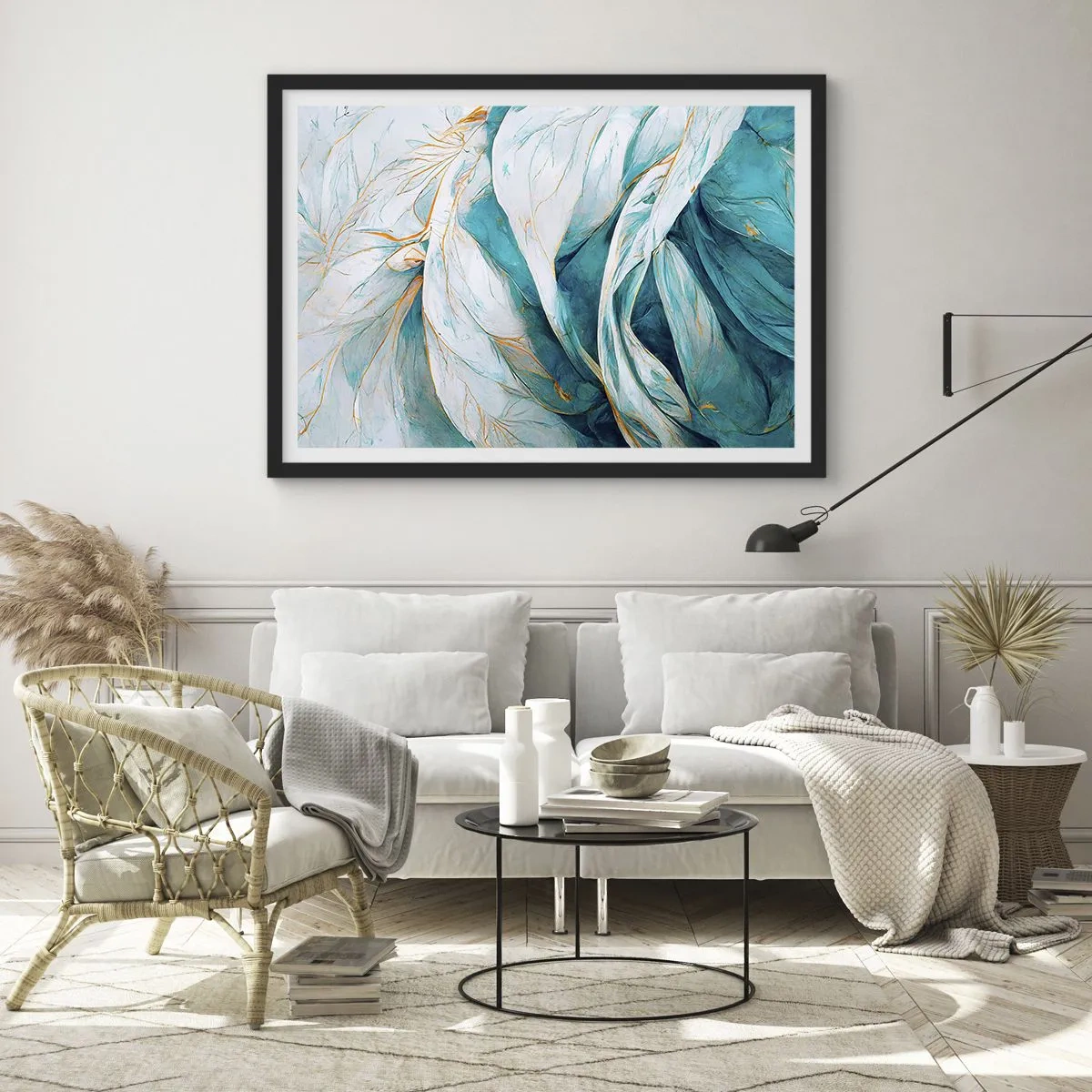 Poster in cornice nera - Astrazione blu con motivi d'oro - 91x61 cm