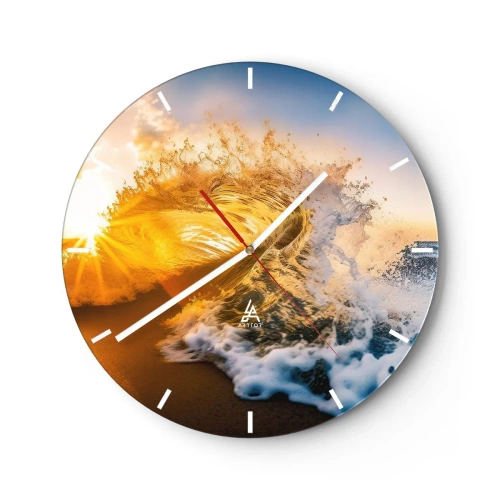 Orologio da parete - Orologio in Vetro - Un'onda del mare illuminata dai raggi del sole al tramonto - 30x30cm - Gioco sulla sabbia - Decorazione murale moderna per soggiorno, cucina e camera da letto ARTTOR