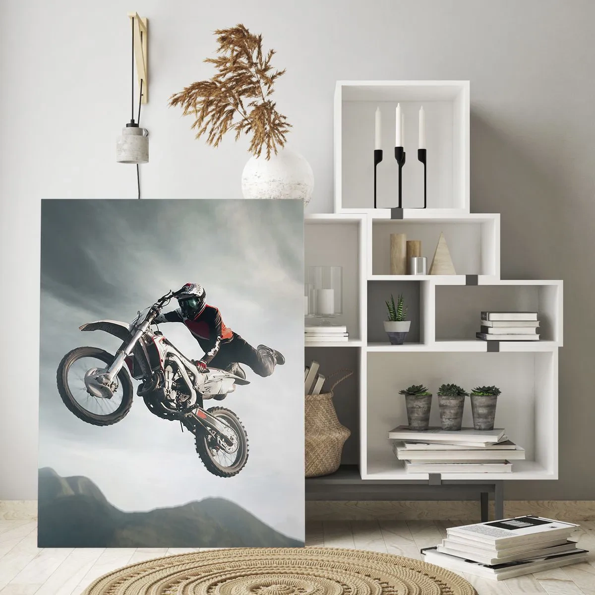 Quadro su vetro - Motociclista in aria durante un salto - 80x120cm - No risk no fun - Decorazione murale moderna per soggiorno e camera da letto ARTTOR