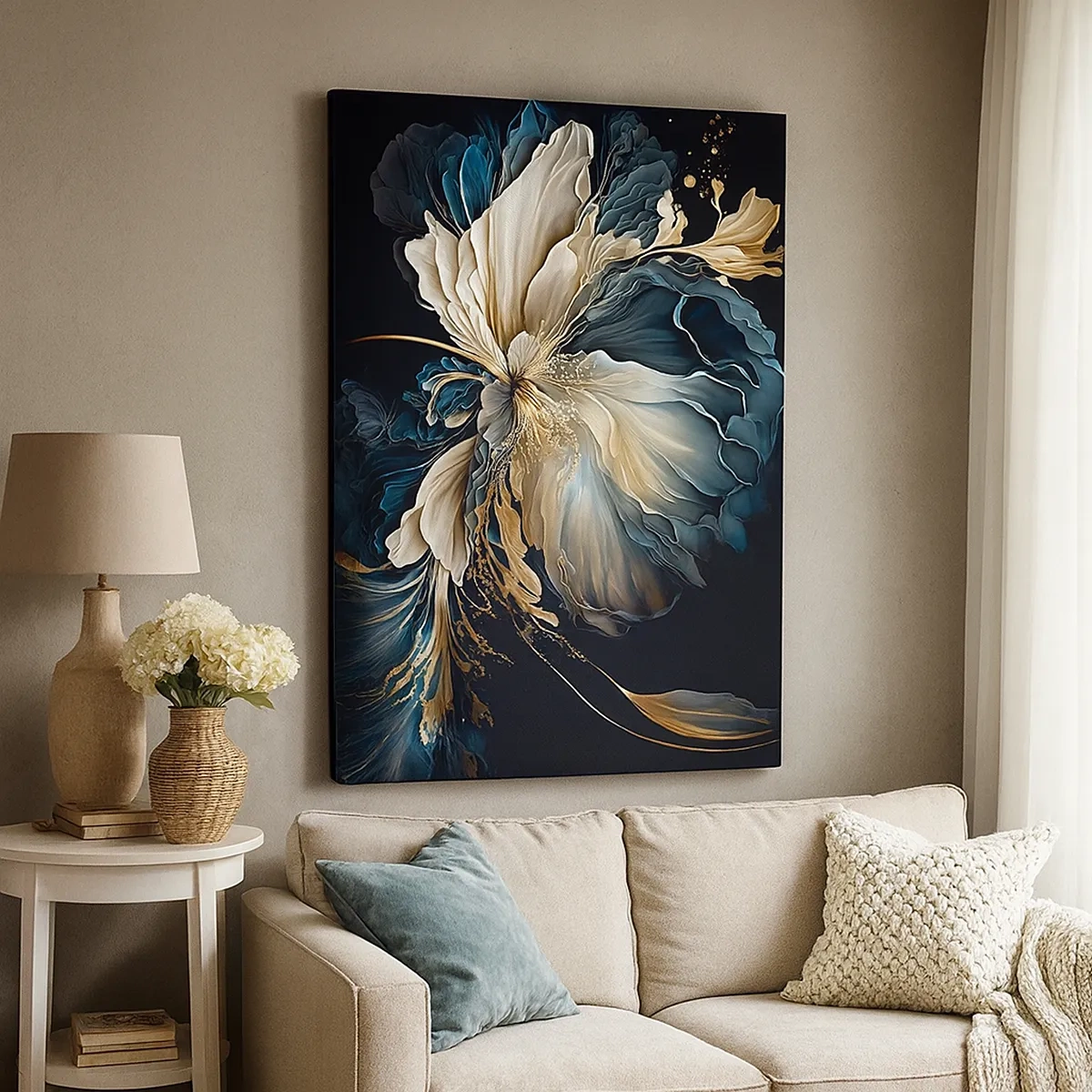 Quadro su tela - Stampe su Tela - Un fiore nei toni dell'oro e del blu navy su uno sfondo nero - 50x70cm - Fantastico fiore di felce - Decorazione murale moderna per soggiorno e camera da letto ARTTOR
