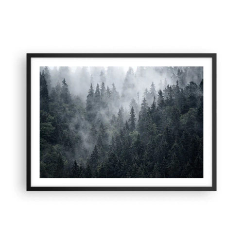 Poster in cornice nera - Foresta di conifere nebbiosa nei toni del grigio e del verde - 70x50cm - Alba nel bosco - Decorazione murale moderna per soggiorno e camera da letto ARTTOR
