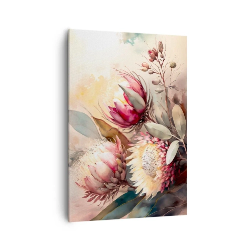 Quadro su tela - Stampe su Tela - Fiori di protea in delicate tonalità pastello - 70x100cm - Di profilo e di fronte - Decorazione murale moderna per soggiorno e camera da letto ARTTOR