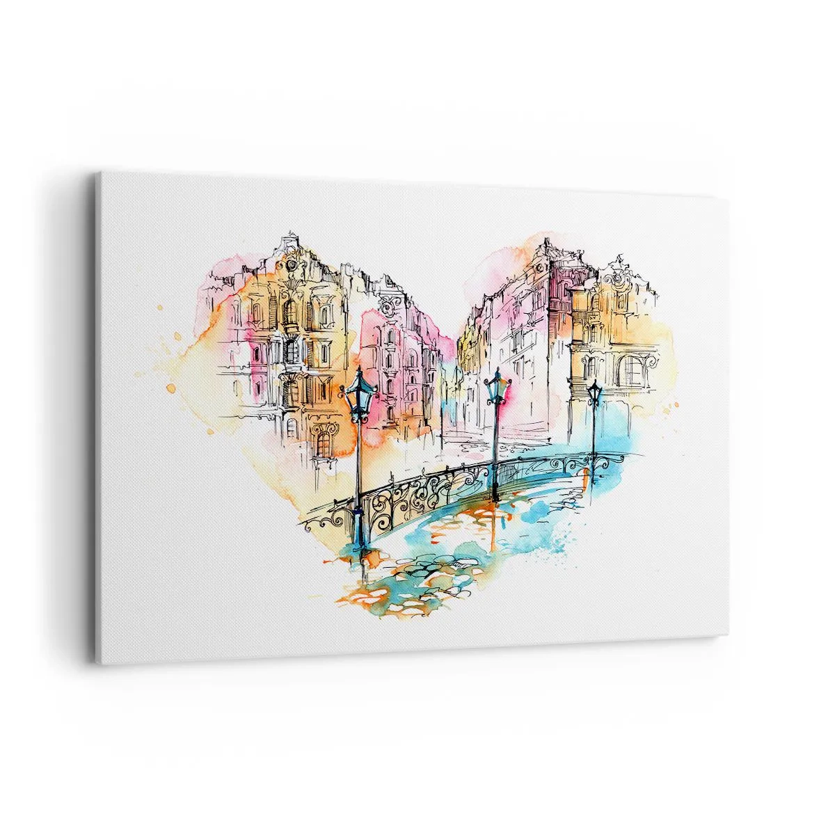 Quadro su tela - Stampe su Tela - Acquerello di un ponte e case popolari a forma di cuore - 100x70cm - Il cuore della città - Decorazione murale moderna per soggiorno e camera da letto ARTTOR