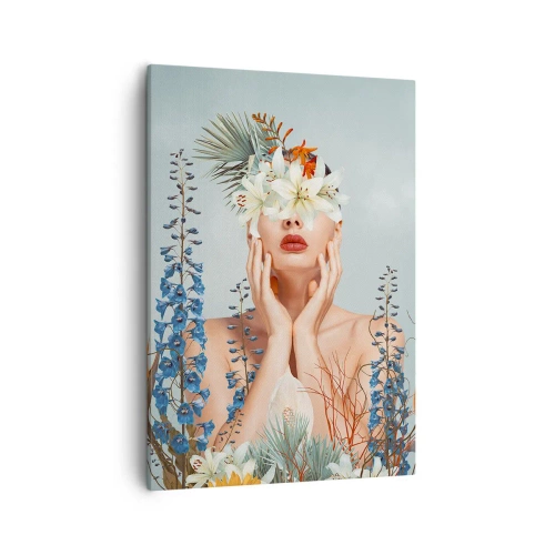 Quadro su tela - Stampe su Tela - Ritratto di donna con motivo floreale su sfondo blu - 50x70cm - Donna - fiore - Decorazione murale moderna per soggiorno e camera da letto ARTTOR