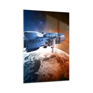 Quadro su vetro - Un'astronave in orbita attorno a un pianeta alla luce delle stelle - 50x70cm - Un attento osservatore - Decorazione murale moderna per soggiorno e camera da letto ARTTOR
