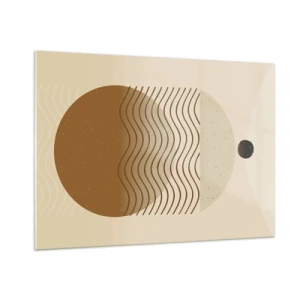 Quadro su vetro - Composizione geometrica con onde e cerchi nei colori beige - 100x70cm - Sull'origine delle figure geometriche - Decorazione murale moderna per soggiorno e camera da letto ARTTOR