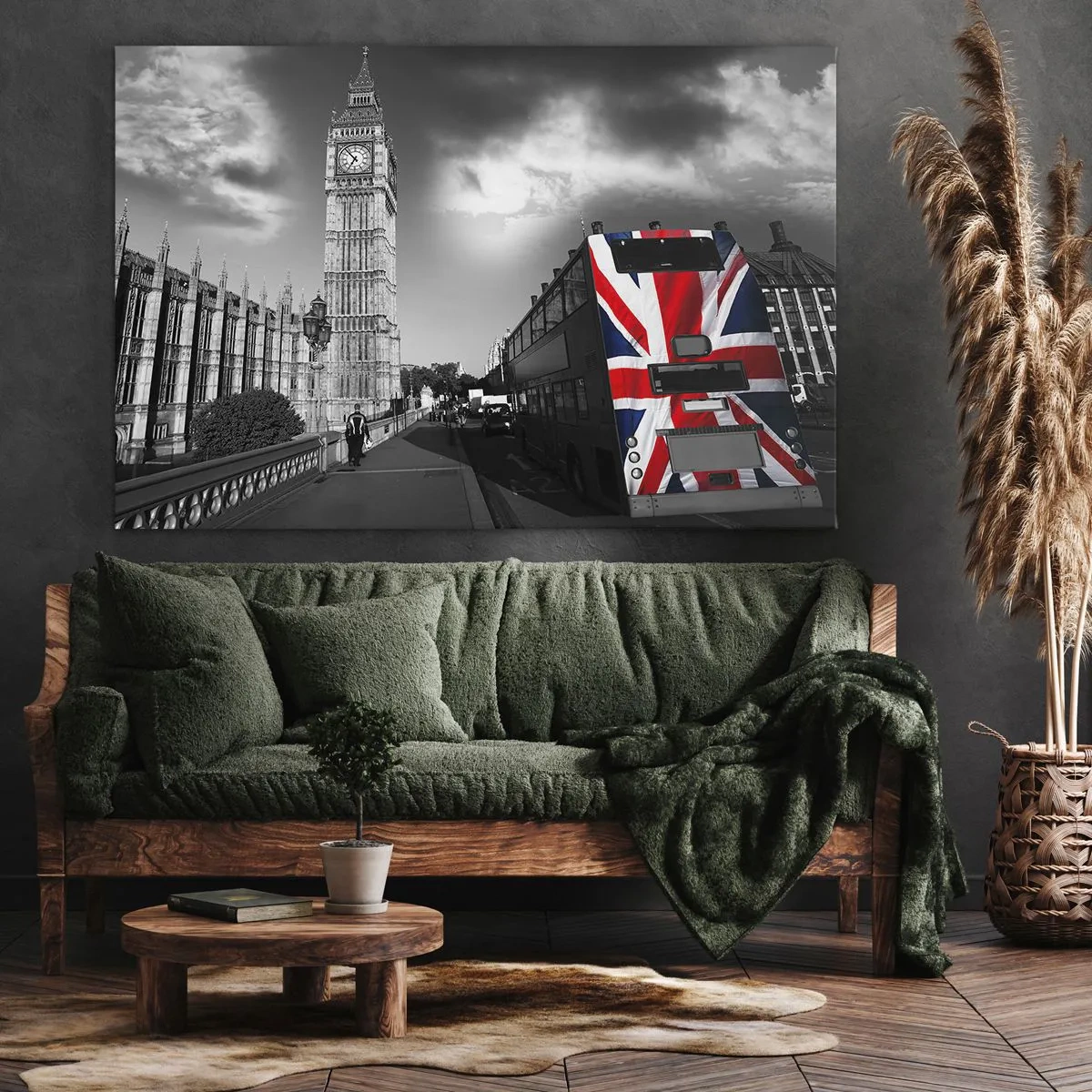 Quadro su tela - Stampe su Tela - Il Big Ben e un autobus con una bandiera britannica su uno sfondo bianco e nero - 120x80cm - Orgogliosa e grande - Decorazione murale moderna per soggiorno e camera da letto ARTTOR