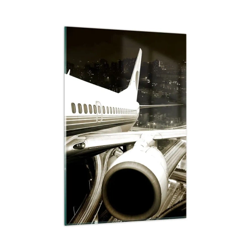 Quadro su vetro - Un aereo sopra una città notturna con autostrade illuminate - 80x120cm - Volare di notte - Decorazione murale moderna per soggiorno e camera da letto ARTTOR