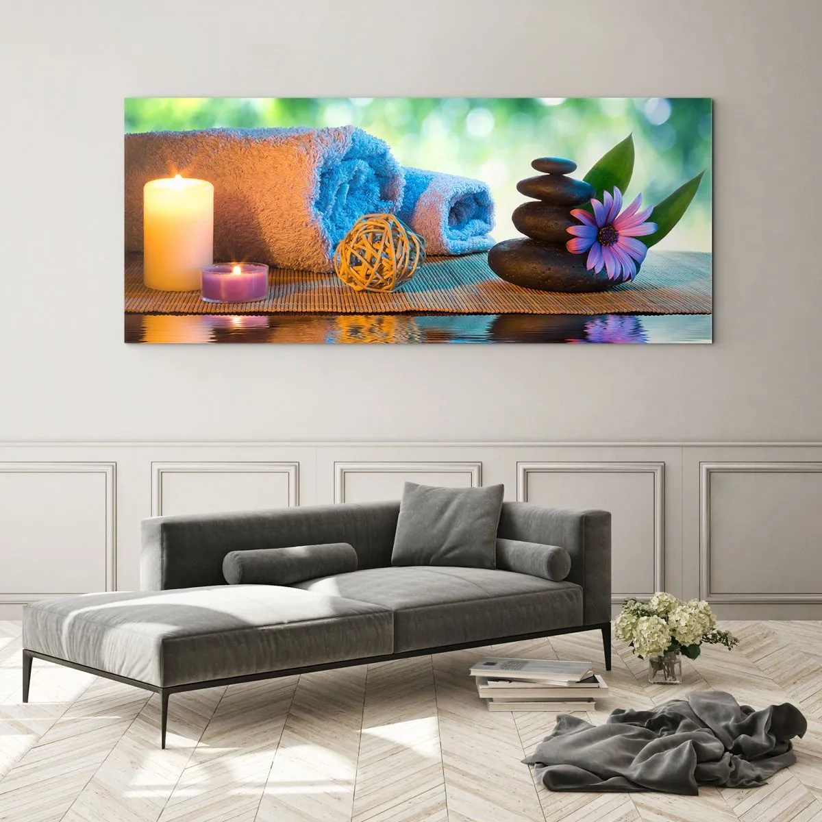 Quadro su vetro - Set SPA rilassante con asciugamani, candele e pietre - 140x50cm - Tempo per il corpo - Decorazione murale moderna per soggiorno e camera da letto ARTTOR