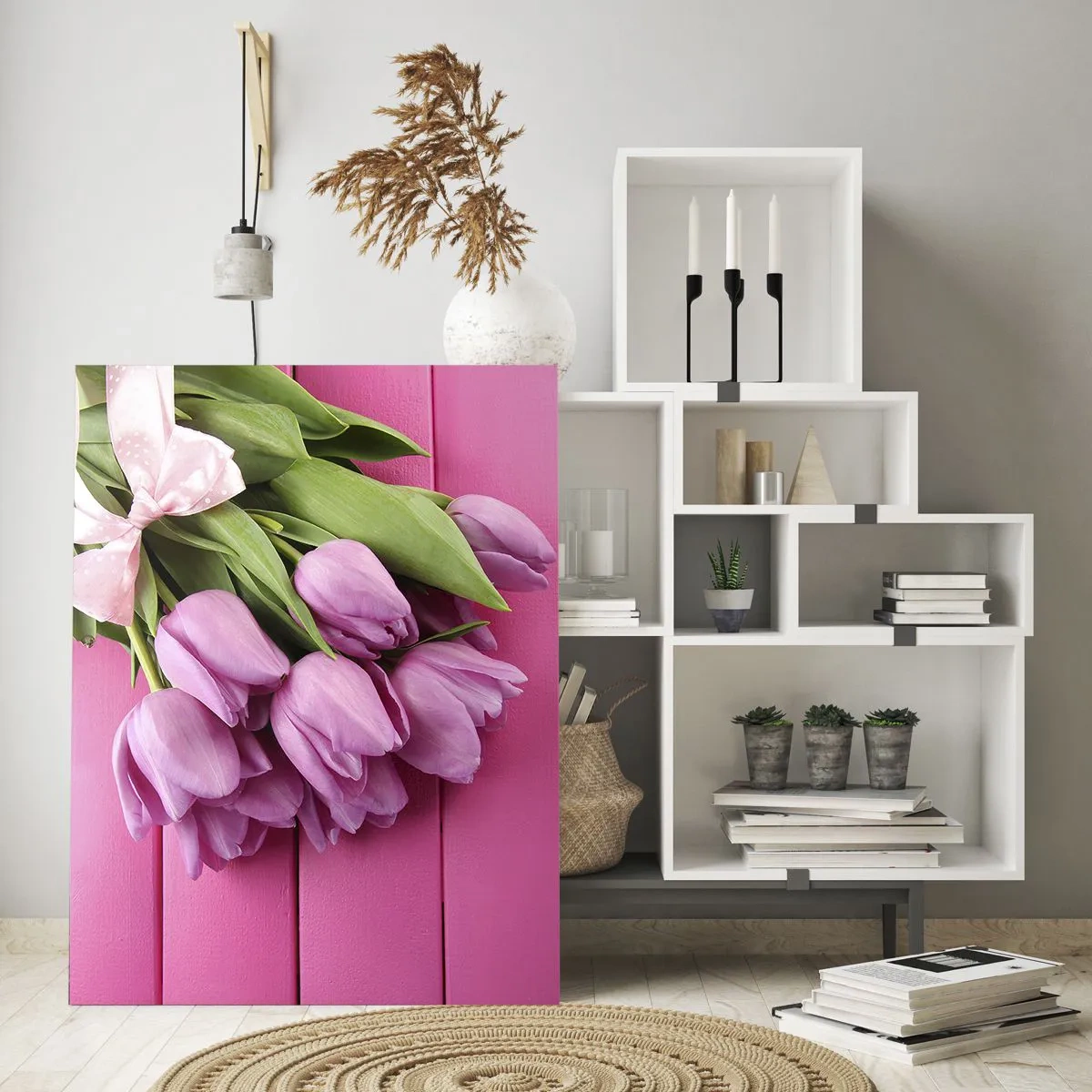 Quadro su vetro - Un mazzo di tulipani rosa su uno sfondo di legno - 50x70cm - Proprio per te - Decorazione murale moderna per soggiorno e camera da letto ARTTOR