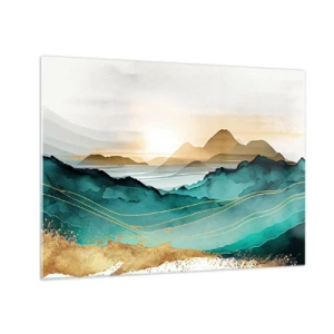 Quadro su vetro - Un paesaggio montano color oro e turchese in stile acquerello. - 70x50cm - Paesaggio ai confini dell'astrazione - Decorazione murale moderna per soggiorno e camera da letto ARTTOR
