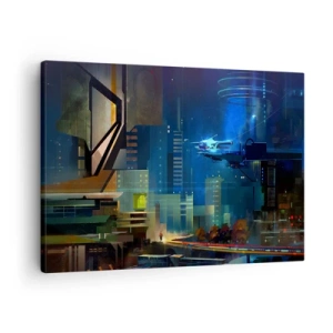 Quadro su tela - Stampe su Tela - Città futuristica di notte con luci al neon e un veicolo volante - 70x50cm - In un futuro non lontano - Decorazione murale moderna per soggiorno e camera da letto ARTTOR