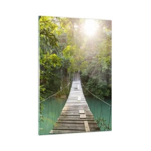 Quadro su vetro - Un ponte sospeso in una foresta tropicale illuminato dalla luce del sole. - 80x120cm - Sull'acqua azzurra verso il bosco azzurro - Decorazione murale moderna per soggiorno e camera da letto ARTTOR