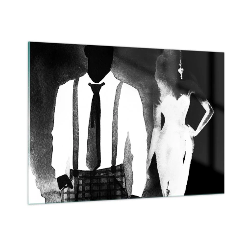 Quadro su vetro - Silhouette in bianco e nero di un'elegante coppia noir - 100x70cm - Atmosfera noir - Decorazione murale moderna per soggiorno e camera da letto ARTTOR