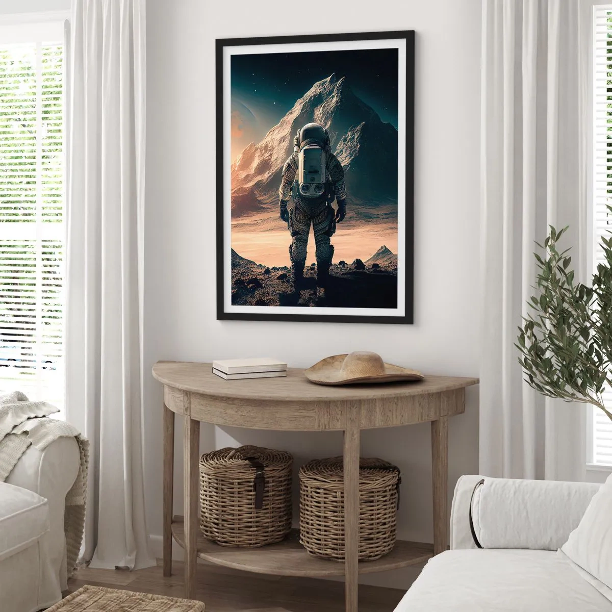 Poster in cornice nera - Astronauta su un pianeta alieno alla luce delle stelle - 50x70cm - Nuova sfida - Decorazione murale moderna per soggiorno e camera da letto ARTTOR