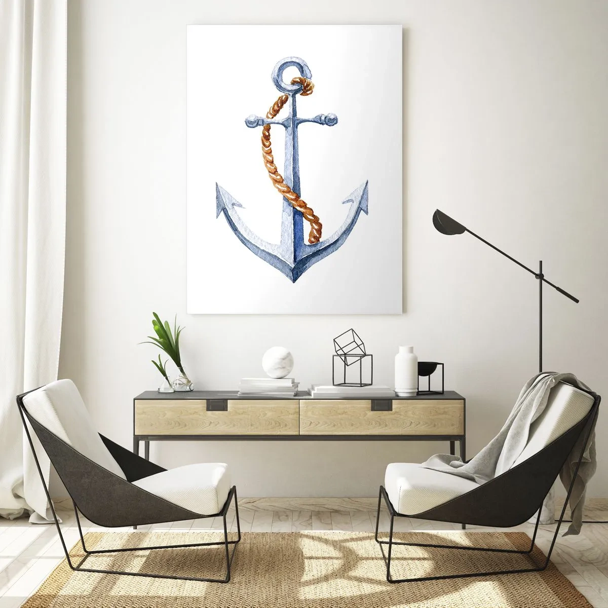 Quadro su vetro - Ancora con corda in stile nautico - 50x70cm - Benvenuta avventura! - Decorazione murale moderna per soggiorno e camera da letto ARTTOR