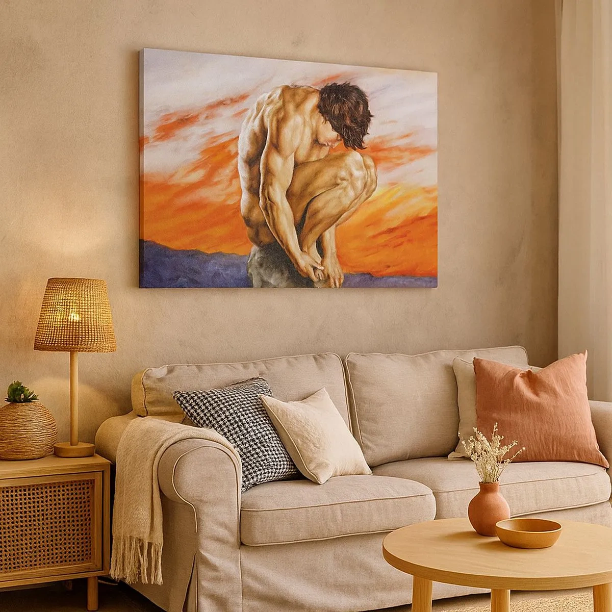 Quadro su tela - Stampe su Tela - Un uomo perso nei suoi pensieri sullo sfondo di un tramonto - 70x50cm - Immerso in se stesso - Decorazione murale moderna per soggiorno e camera da letto ARTTOR