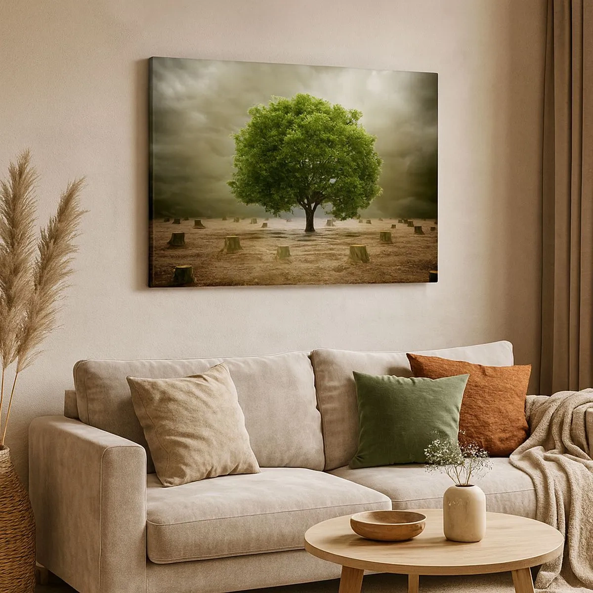 Quadro su tela - Stampe su Tela - Un albero verde circondato da tronchi d'albero abbattuti contro un cielo nuvoloso - 70x50cm - Ogni speranza - Decorazione murale moderna per soggiorno e camera da letto ARTTOR