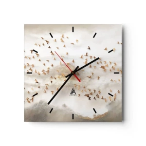Orologio da parete - Orologio in Vetro - Uccelli dorati contro le montagne nebbiose - 30x30cm - È giunto il momento... - Decorazione murale moderna per soggiorno e camera da letto ARTTOR