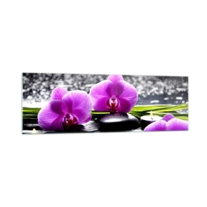 Quadro su vetro - Orchidee viola su uno sfondo di pietre e candele in un ambiente rilassante - 160x50cm - Annegare nel silenzio e nella pace - Decorazione murale moderna per soggiorno e camera da letto ARTTOR