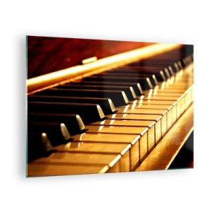 Quadro su vetro - Primo piano dei tasti del pianoforte in luce calda - 70x50cm - Possibilità illimitate - Decorazione murale moderna per soggiorno e camera da letto ARTTOR