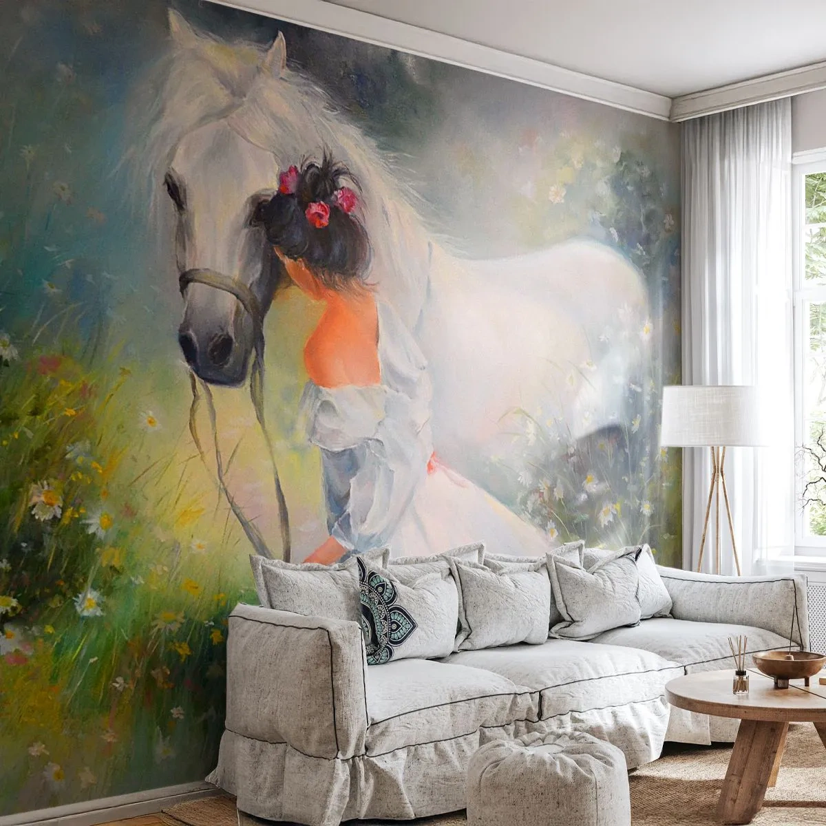 Fotomurali Standard Eco - Come in un bel sogno - Donna, Cavallo, Prato - 250x175 cm
