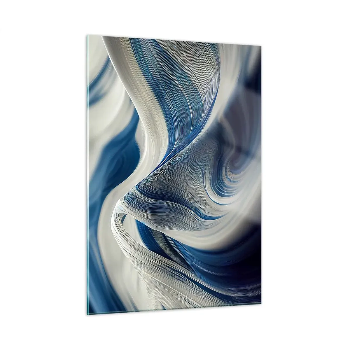 Quadro su vetro - Astrazione dinamica nei toni del blu e del bianco - 50x70cm - Fluidità di blu e di bianco - Decorazione murale moderna per soggiorno e camera da letto ARTTOR