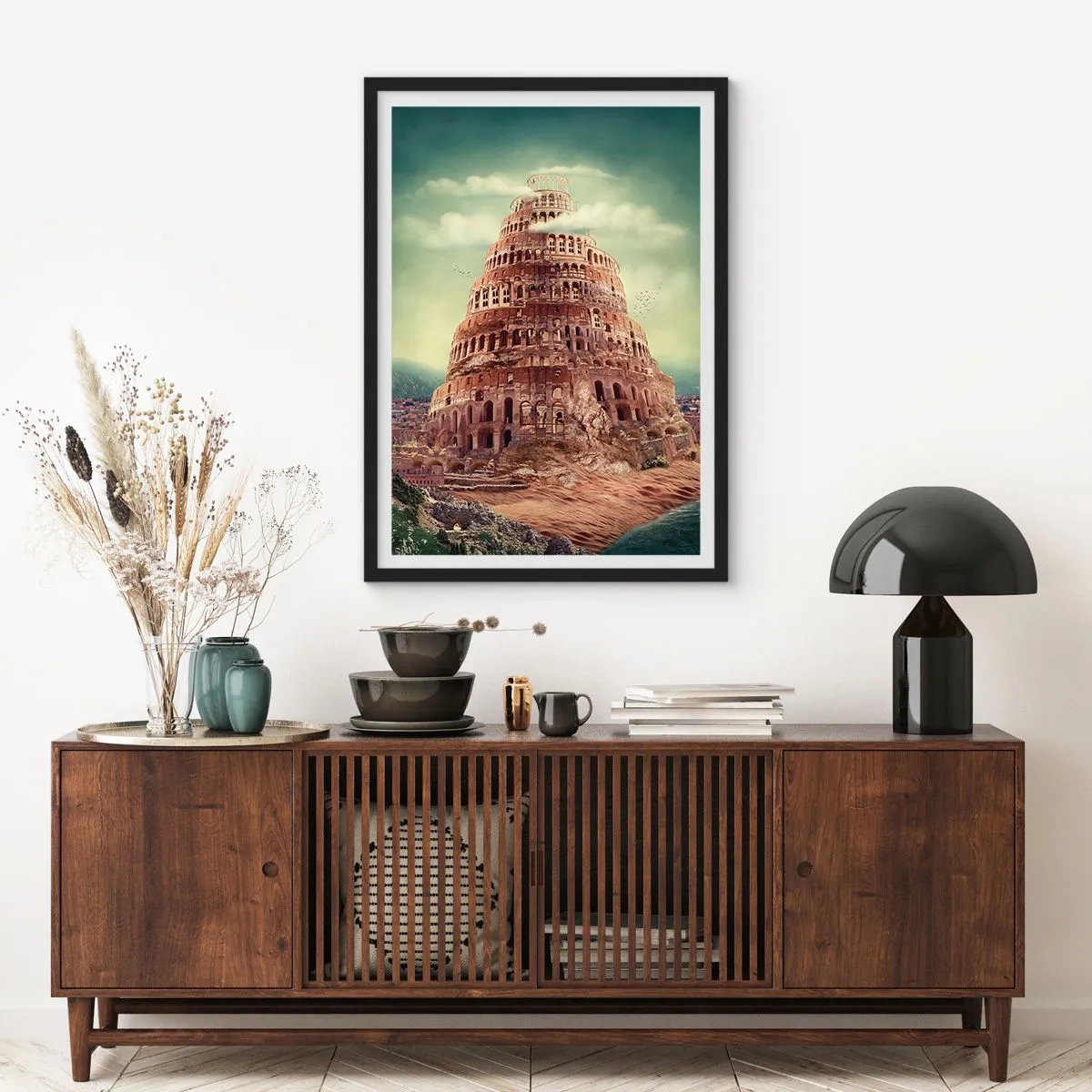 Poster in cornice nera - La mitica Torre di Babele in un paesaggio pittoresco - 50x70cm - La torre di Babele - Decorazione murale moderna per soggiorno e camera da letto ARTTOR