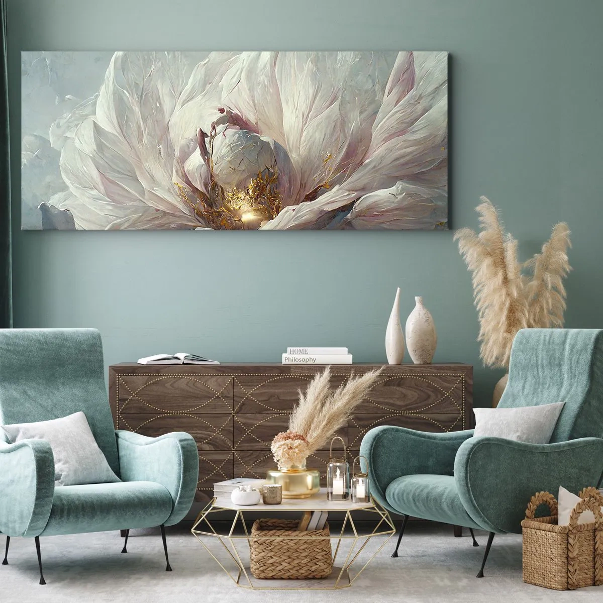 Quadro su tela - Stampe su Tela - Un delicato fiore bianco con sottili accenti dorati - 120x50cm - Fiorisce ogni cento anni - Decorazione murale moderna per soggiorno e camera da letto ARTTOR
