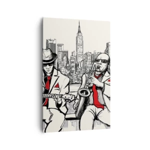 Quadro su tela - Stampe su Tela - Un duo jazz con sassofono e chitarra sullo sfondo della città - 80x120cm - Improvvisare a New York - Decorazione murale moderna per soggiorno e camera da letto ARTTOR