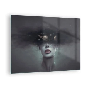 Quadro su vetro - Una donna con pianeti al posto della testa in una composizione surreale - 70x50cm - E i pianeti folleggiano... - Decorazione murale moderna per soggiorno e camera da letto ARTTOR