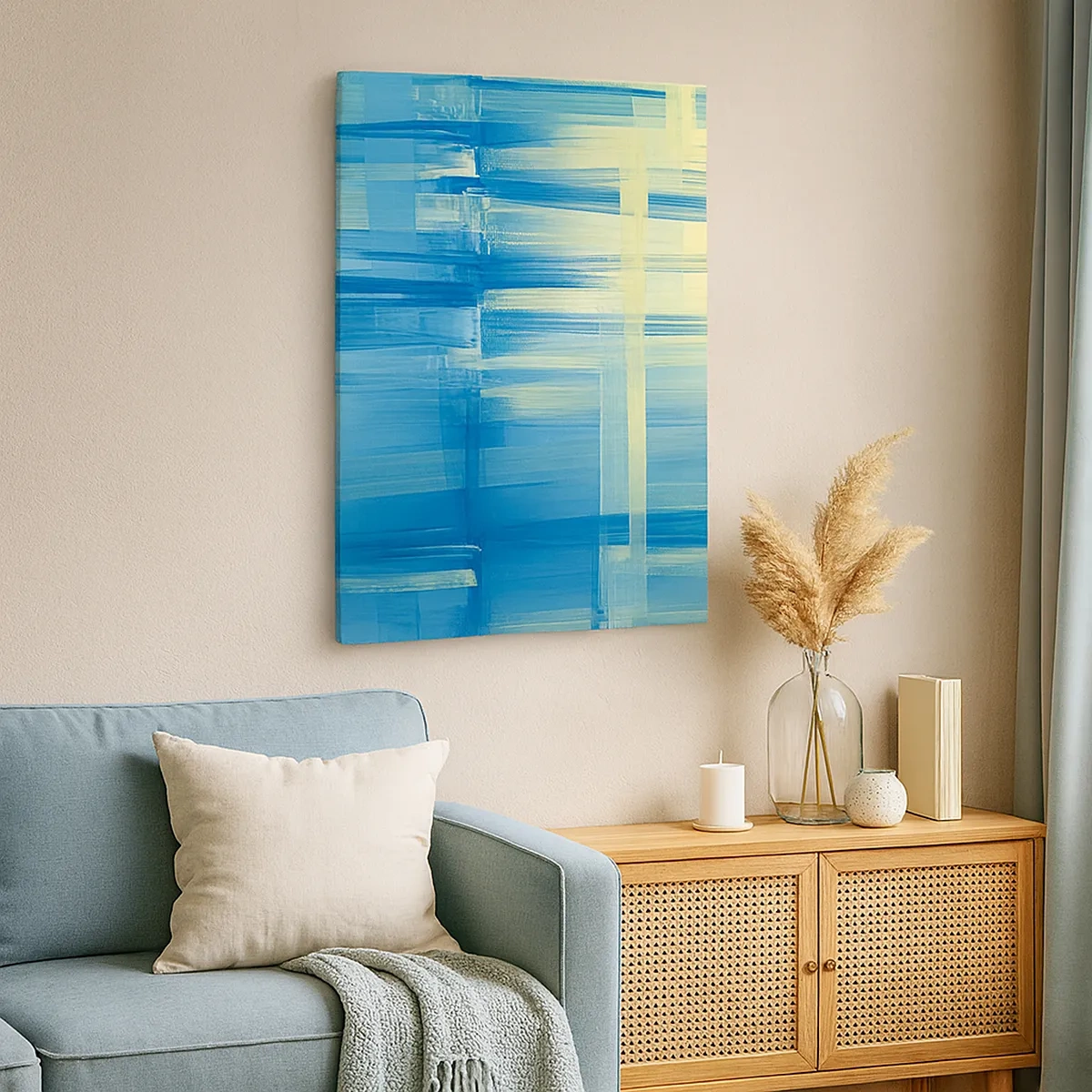 Quadro su tela - Stampe su Tela - Un dipinto astratto nei toni del turchese e del blu con pennellate geometriche. - 50x70cm - Composizione in turchese - Decorazione murale moderna per soggiorno e camera da letto ARTTOR