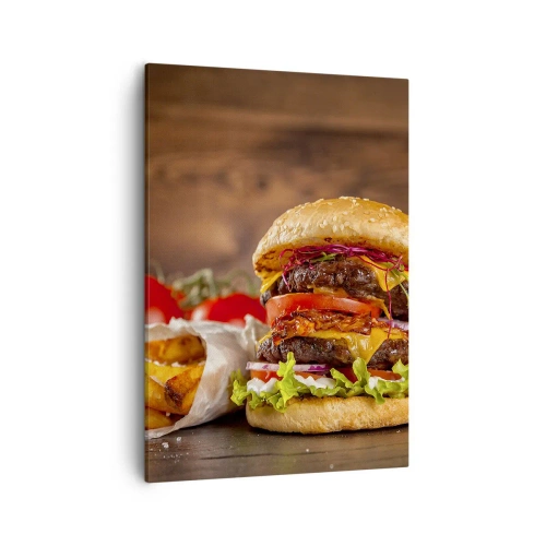 Quadro su tela - Stampe su Tela - Hamburger appetitoso con extra - 50x70cm - Frutto proibito - Decorazione murale moderna per soggiorno e camera da letto ARTTOR