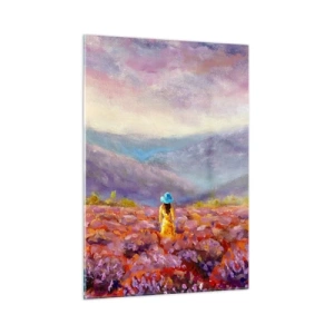 Quadro su vetro - Una figura che indossa un cappello in un campo di lavanda al tramonto - 50x70cm - Nel mondo di lavanda - Decorazione murale moderna per soggiorno e camera da letto ARTTOR