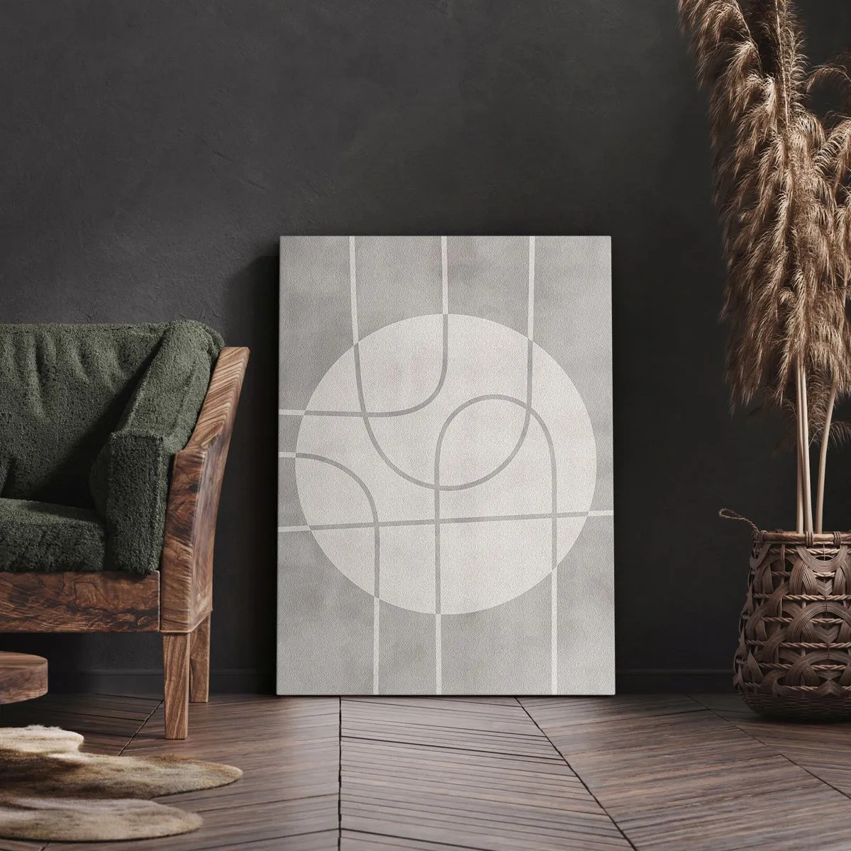 Quadro su tela - Stampe su Tela - Motivo geometrico nei toni del grigio e del bianco - 50x70cm - Tondo e dritto - Decorazione murale moderna per soggiorno e camera da letto ARTTOR