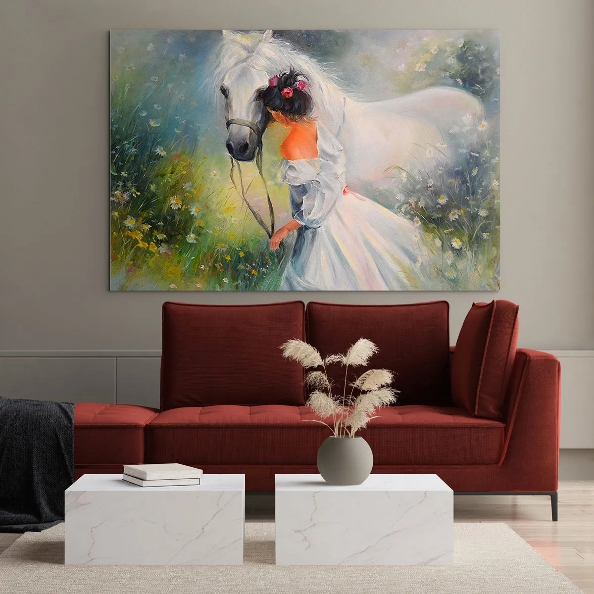 Quadro su vetro - Una donna in abito bianco con un cavallo bianco in un prato pieno di fiori. - 100x70cm - Come in un bel sogno - Decorazione murale moderna per soggiorno e camera da letto ARTTOR