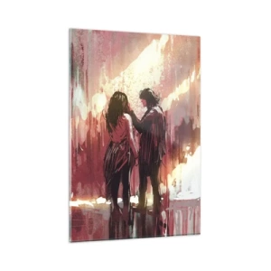 Quadro su vetro - Una coppia in piedi, illuminata da una luce calda, su uno sfondo di motivi astratti. - 80x120cm - L'eterno spettacolo dell'amore - Decorazione murale moderna per soggiorno e camera da letto ARTTOR