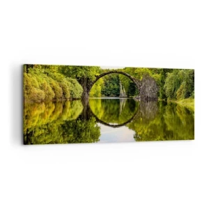 Quadro su tela - Stampe su Tela - Un ponte di pietra sopra un fiume con un riflesso perfetto nell'acqua - 120x50cm - All'incontro di due mondi - Decorazione murale moderna per soggiorno e camera da letto ARTTOR