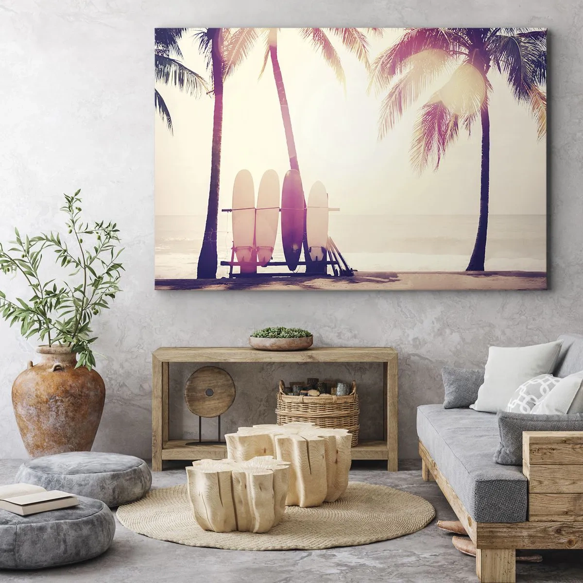 Quadro su tela - Stampe su Tela - Palme e tavole da surf sulla spiaggia sotto il sole - 70x50cm - Sarà un giorno fantastico - Decorazione murale moderna per soggiorno e camera da letto ARTTOR