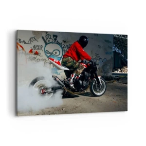 Quadro su tela - Stampe su Tela - Un motociclista esegue una spettacolare derapata in un edificio abbandonato ricoperto di graffiti. - 100x70cm - Inseguimi! - Decorazione murale moderna per soggiorno e camera da letto ARTTOR