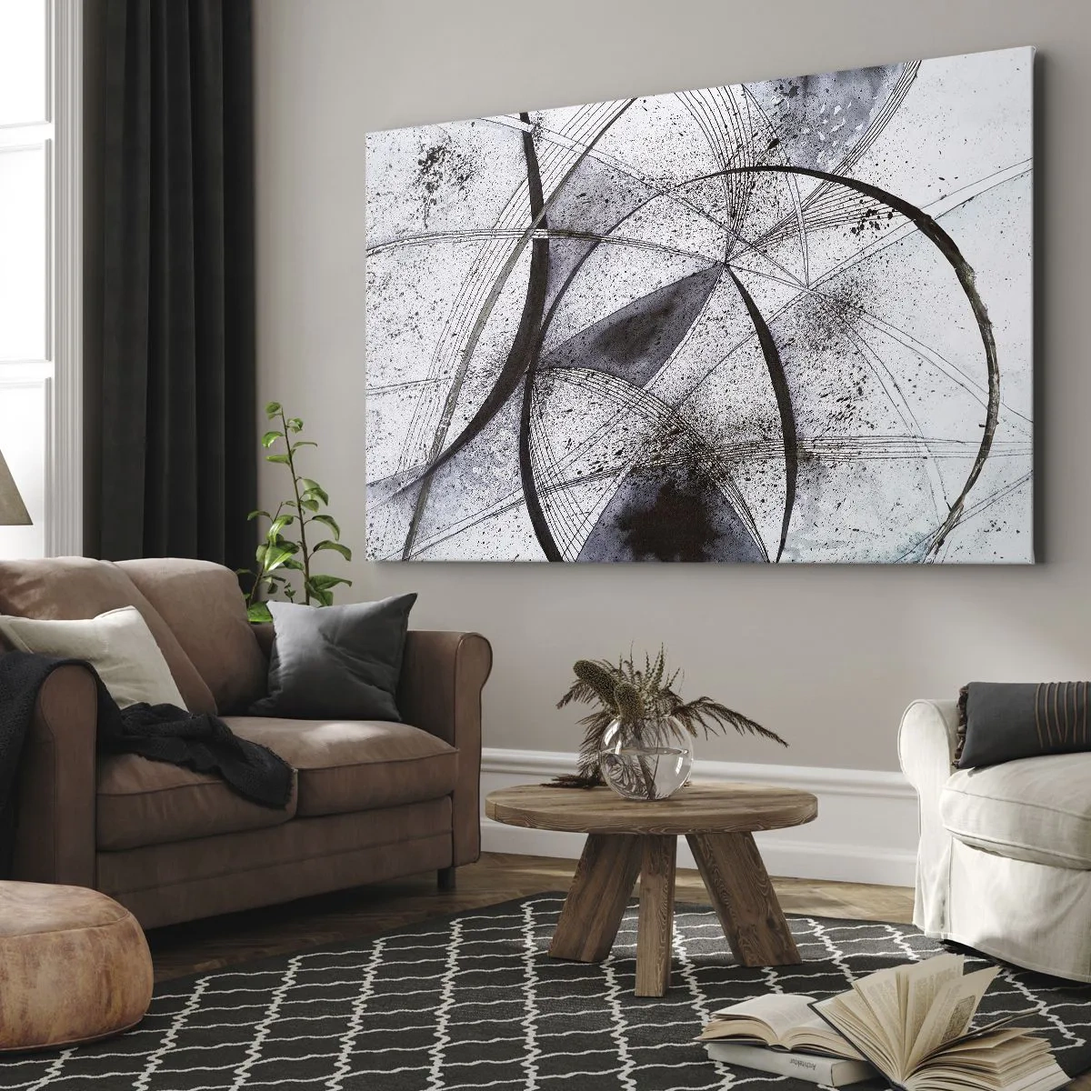 Quadro su tela - Stampe su Tela - Linee e forme astratte nelle tonalità del grigio e del nero - 100x70cm - Fantasia futuristica - Decorazione murale moderna per soggiorno e camera da letto ARTTOR