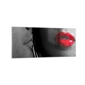 Quadro su vetro - Primo piano dei volti di una donna e di un uomo con le labbra rosse. - 120x50cm - Volto accanto al volto  - Decorazione murale moderna per soggiorno e camera da letto ARTTOR
