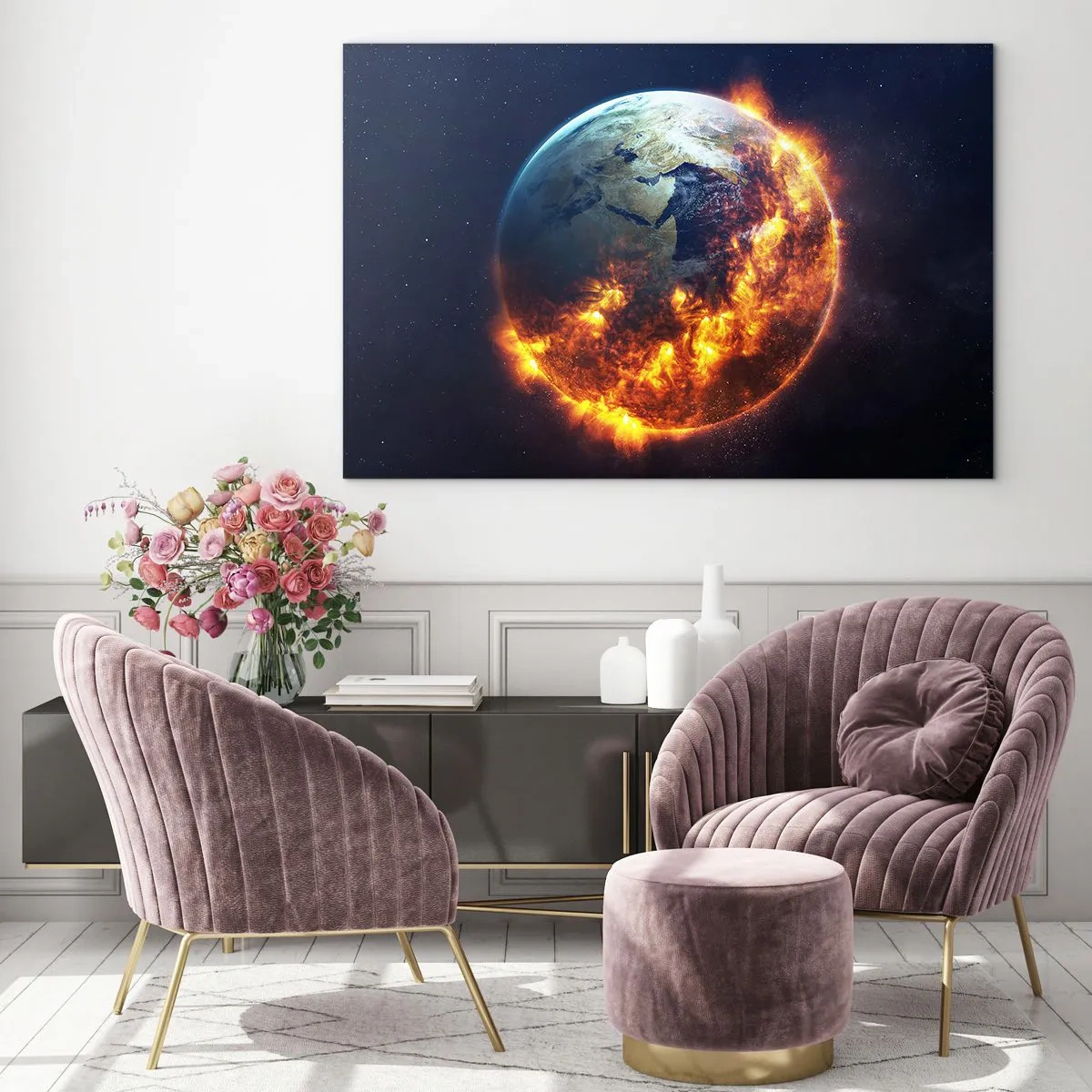 Quadro su vetro - La Terra circondata dalle fiamme nello spazio - 100x70cm - Le fiamme dell'apocalisse - Decorazione murale moderna per soggiorno e camera da letto ARTTOR