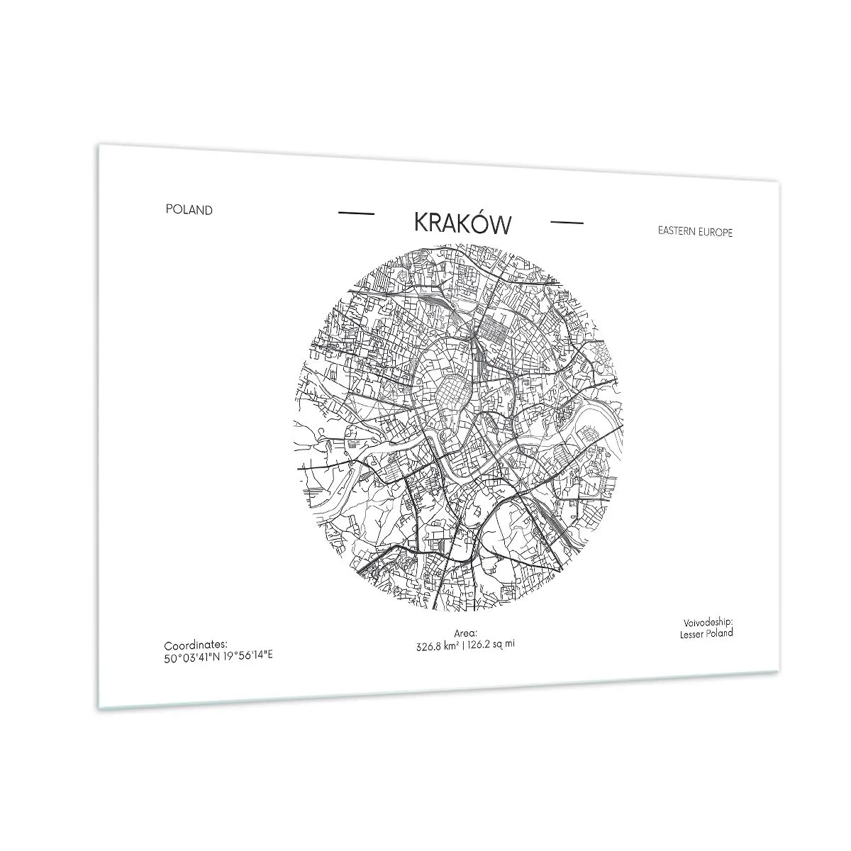 Quadro su vetro - Una mappa di Cracovia in stile illustrazione in bianco e nero - 100x70cm - Anatomia di Cracovia - Decorazione murale moderna per soggiorno e camera da letto ARTTOR