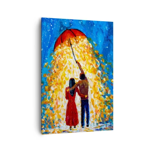 Quadro su tela - Stampe su Tela - Una coppia sotto un ombrello rosso sotto la pioggia luminosa - 70x100cm - La magia di una sera piovosa? - Decorazione murale moderna per soggiorno e camera da letto ARTTOR
