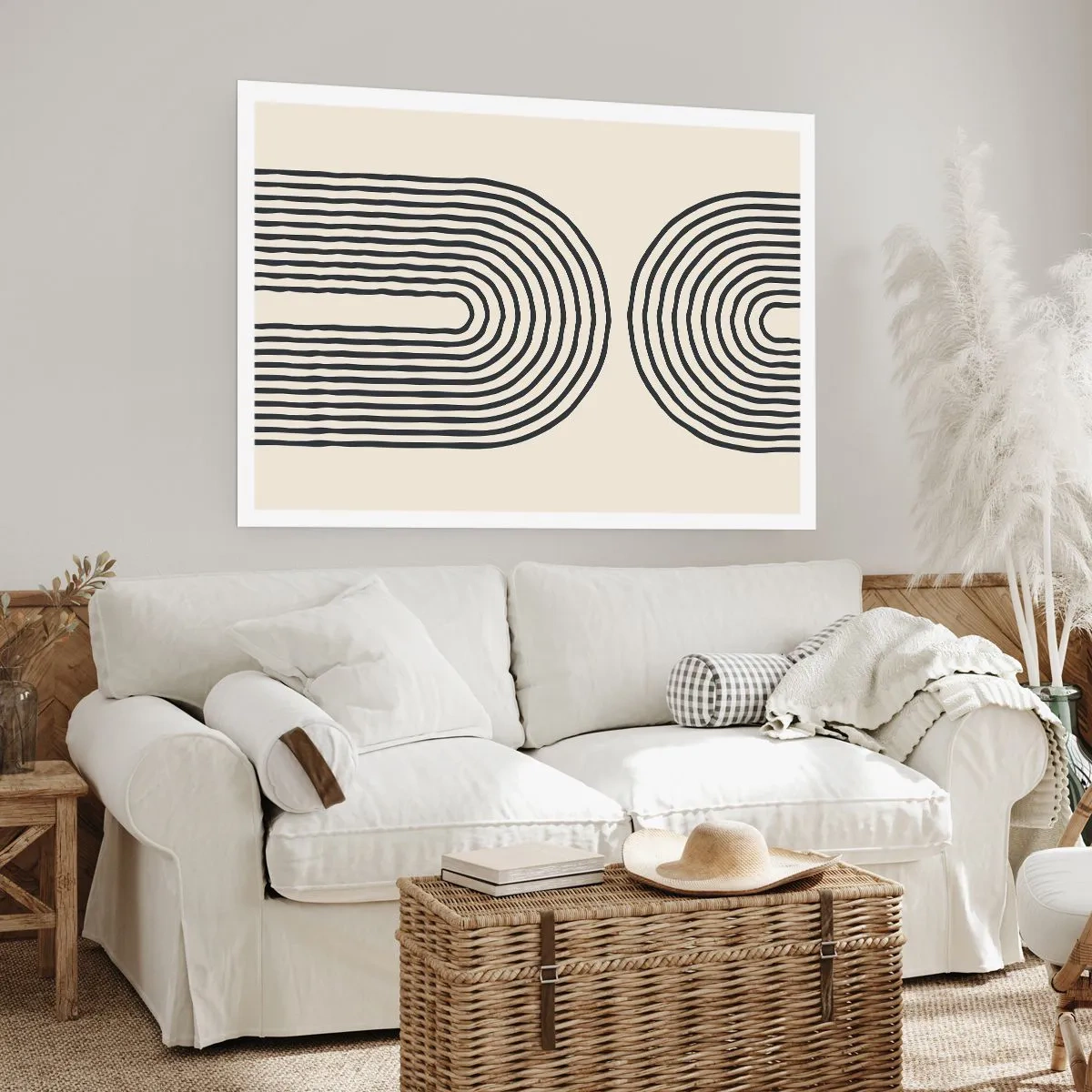 Poster - Motivo geometrico astratto con linee simmetriche su sfondo chiaro - 100x70cm - Tra un attimo... - Decorazione murale moderna per soggiorno e camera da letto ARTTOR