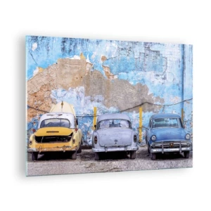 Quadro su vetro - Auto d'epoca sullo sfondo di un muro in rovina - 70x50cm - L'incontro dei veterani - Decorazione murale moderna per soggiorno e camera da letto ARTTOR